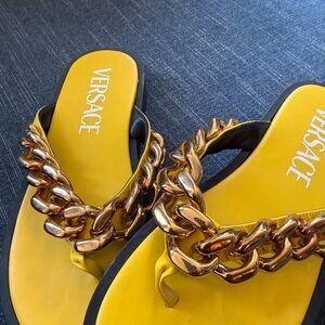 Versace Yellow Leather Chain Platform Flip Flop Sandals